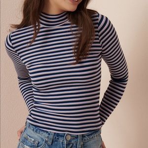 Garage Striped Ribbed Mock Neck Top